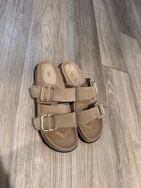 Zara Taupe Suede Double Buckle Slide Sandals